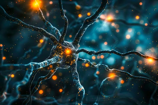 Neurons interconnect with bright signals representing brain activity.