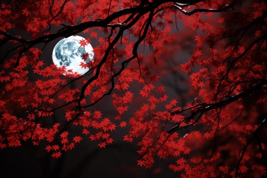 Tranquil Red leaves night moon. Tropical forest. Generate Ai