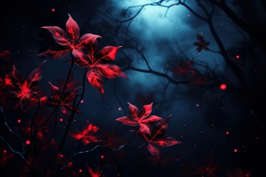 Dramatic Red leaves night foliage. Summer fantasy. Generate Ai