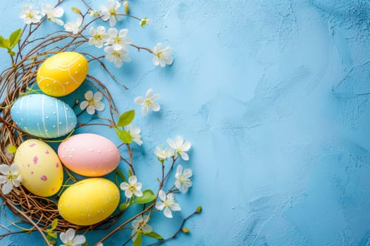 A birds nest filled with colorful painted eggs and flowers placed on a blue background for Easter celebrations.