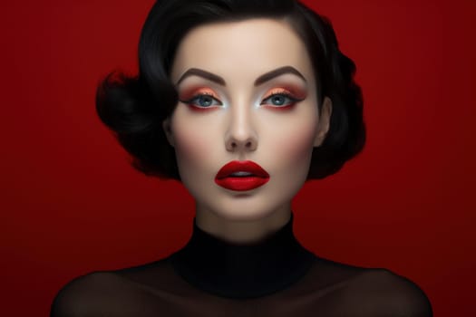 Stunning Red lipstick model. Shadow smile. Generate Ai
