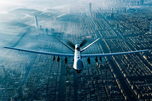 A military unmanned aerial vehicle flying over a cityscape during the day.