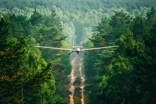 Military plane flies over a dense forest filled with tall trees.