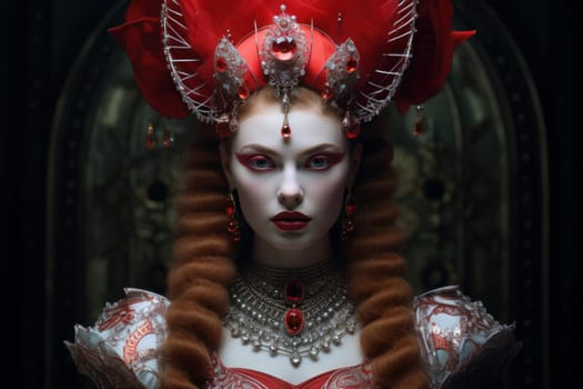 Grandiose Red queen portrait. Royal female with bright red hair and fairy makeup. Generate ai