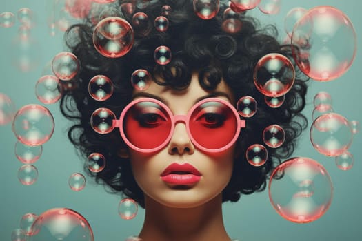 Whimsical Retro woman portrait on soap bubbles background. Attractive girl with makeup. Generate ai