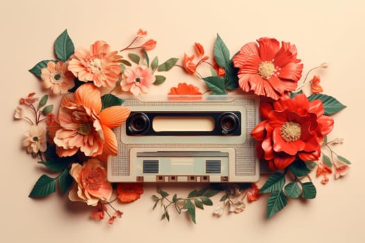 Colorful Retro cassette flowers vintage. Style nature. Generate Ai