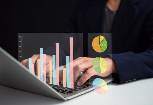 Business people use computers to analyze business and manage corporate data, business analytics with charts, metrics and KPIs to improve organizational performance, marketing, financial organization strategy.