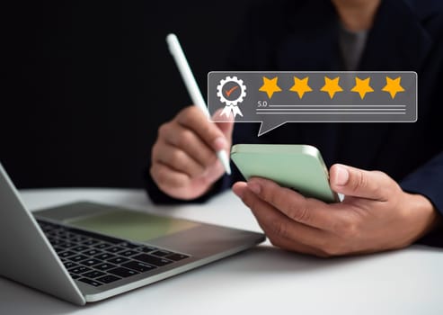 Business people use computers and telephones to analyze customer service satisfaction. Customer Satisfaction Survey concept, service experience rating online application, satisfaction feedback review