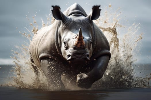 Playful Rhinoceros splashes. Animal horn wild. Generate Ai