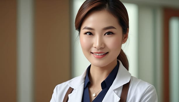 Happy Japanese female doctor poses indoors. Captured during daytime, highlights professionalism in healthcare. For advertising clinics