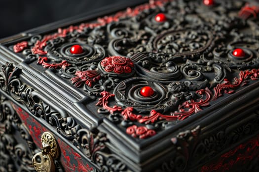 Dramatic Richly ornate black red wall. Interior fabric. Generate Ai