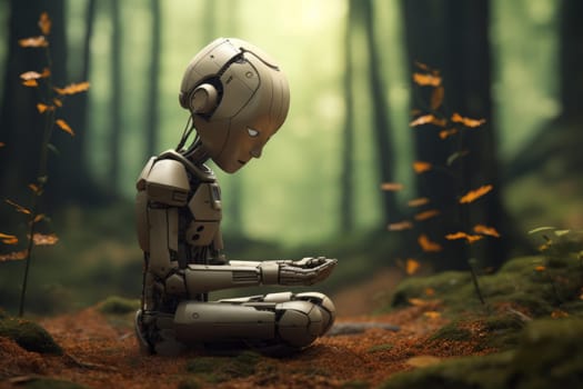 Futuristic Robot meditating forest. Studio tech. Generate Ai