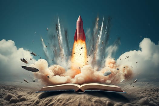 Dynamic Rocket coming out of open book banner. Render fantasy creative idea freedom. Generate Ai