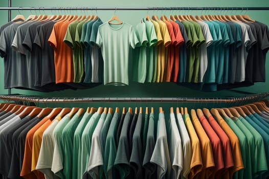 multi-colored t-shirts on hangers in a store. AI generated image.
