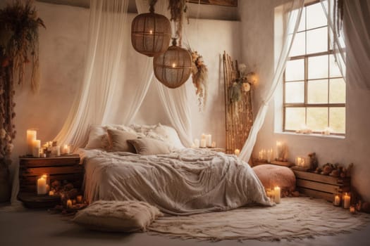 Cozy Romantic bedroom boho style design. Modern sleeping room with warm rosy tones. Generate ai