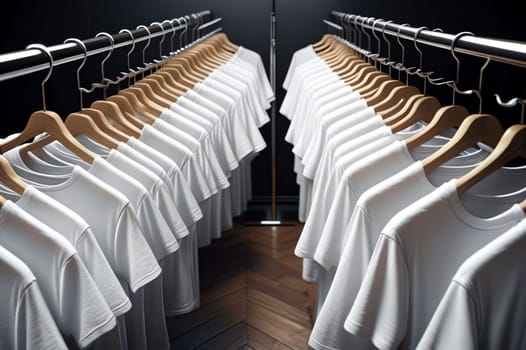 White T-shirts on hangers in a store. AI generated image.