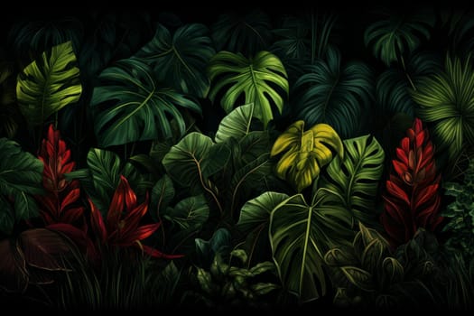 Lush Tropical neon green leaves. Dark nature. Generate Ai