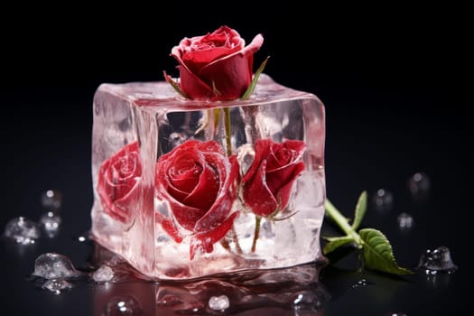 Vibrant Red rose ice cube. Water party. Generate Ai