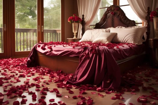 Delicate Rose petals romantic. Hotel room. Generate Ai
