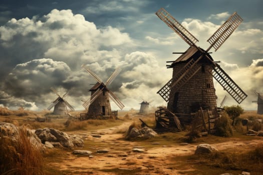 Tranquil Autumn field windmills sunset. Scene travel. Generate Ai