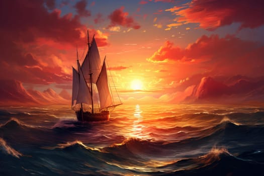 Serene Sailboat sea sunset view. Tourism vacation. Generate Ai