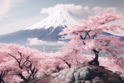 Serene Sakura tree and big mountains. Fantasy scenery. Generate Ai
