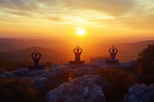 Group of people practicing yoga poses at sunrise on a mountain peak above the clouds, symbolizing peace and mindfulness. Resplendent.