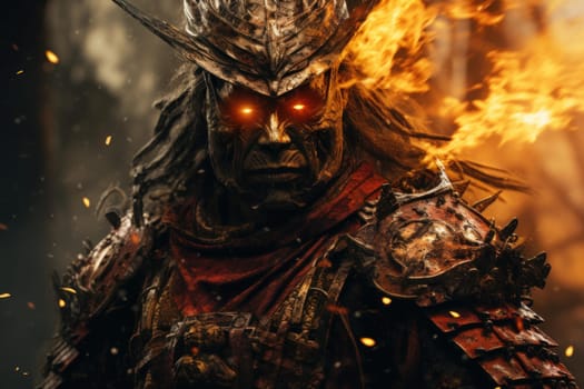 Mysterious Samurai fire closeup. Flame hot warrior. Generate Ai