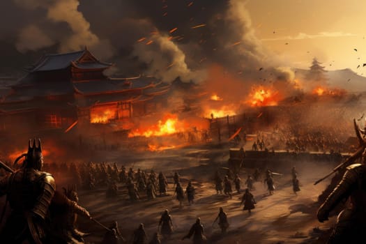 Blazing Samurai fire war. Orange energy. Fictional person. Generate Ai
