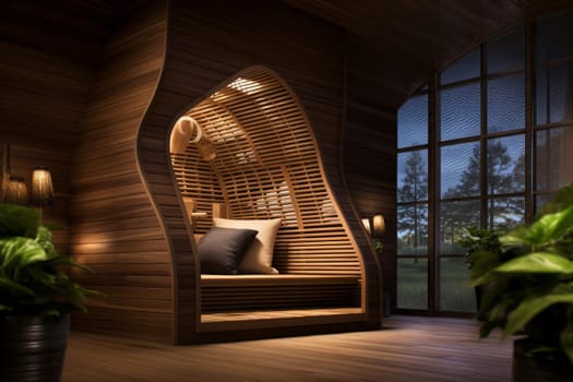 Spacious Modern wooden sauna. Bath healthy. Generate Ai
