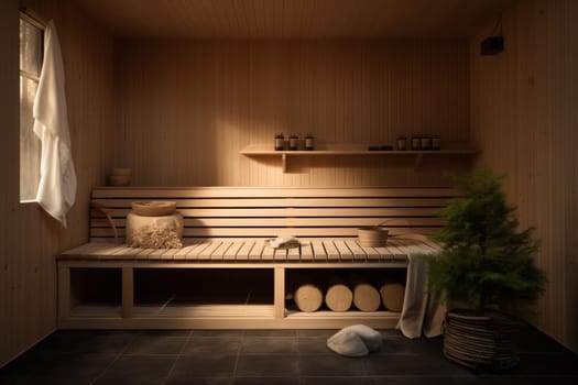 Innovative Modern wooden sauna relax. Home care. Generate Ai