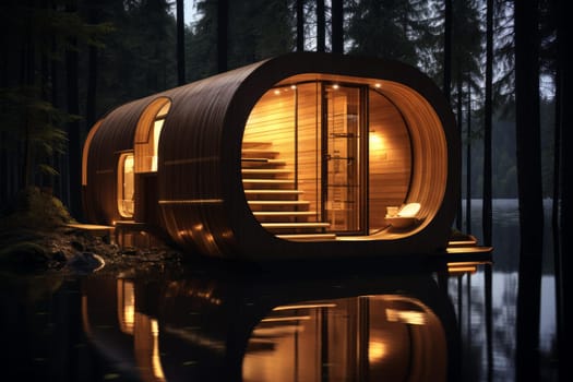 Warm Modern wooden sauna spa. Cabin temperature. Generate Ai