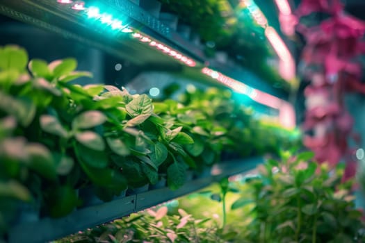 A vibrant vertical farm displays rows of lush greenery under artificial lighting. The advanced agriculture technique optimizes space and resource use.