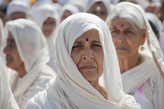A group of Indian women clad in traditional white saris gather under the bright sun, their expressions reflecting the gravity of the occasion. The red markings on their foreheads stand out against the purity of their attire, suggesting a cultural or religious significance