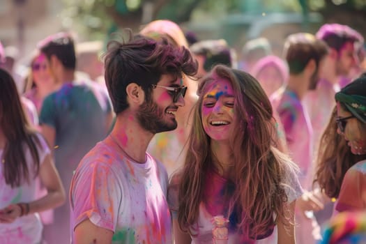 A young European couple is immersed in the jubilant atmosphere of a Holi festival, their faces smeared with colorful powder. Their laughter and the festive ambiance encapsulate the universal spirit of joy and unity.