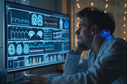 A researcher intensely studies sleep pattern data on multiple computer monitors. The room glows with screens, highlighting the modern approach to science