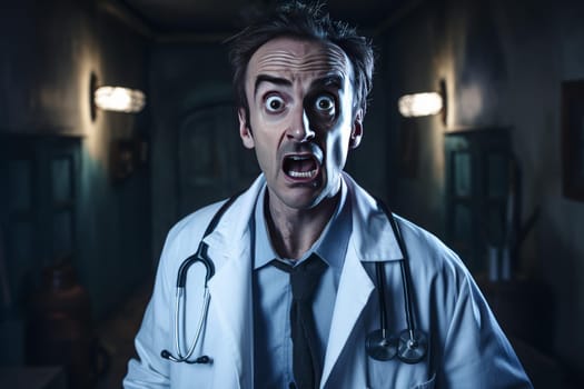 Secretive Doctor scared hiding door. Funny adult. Generate Ai