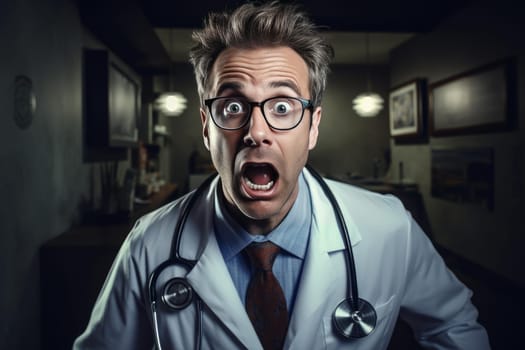 Anxious Doctor scared hiding door. Funny adult. Generate Ai
