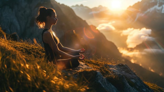 The picture of the young or adult female human doing the yoga pose for relaxation or meditating the mind in the middle of the nature under the bright sun in the daytime of a dawn or dusk day. AIGX03.