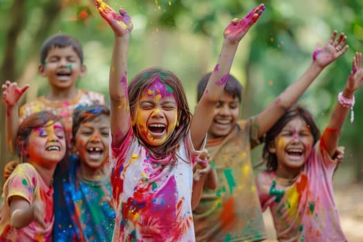 Children radiate happiness in a Holi celebration, their laughter as vibrant as the colors in the air. This festival paints a picture of youthful spirit and friendship