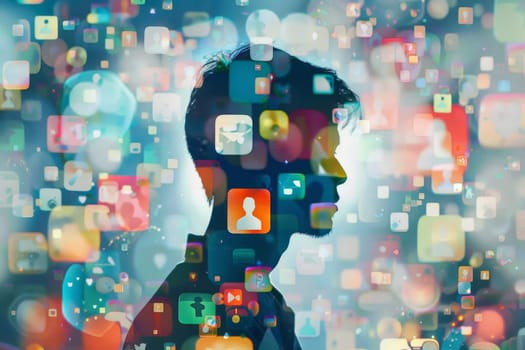 A silhouette of a person with a vibrant overlay of social media icons and digital elements