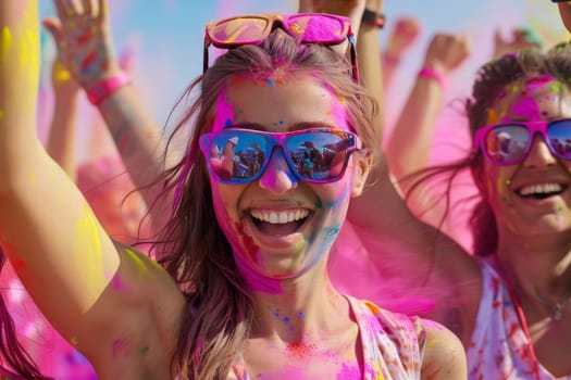 A participant in a color run beams with joy, her face and clothing splattered with a rainbow of hues. The energy of the event is palpable, as runners celebrate fitness and fun