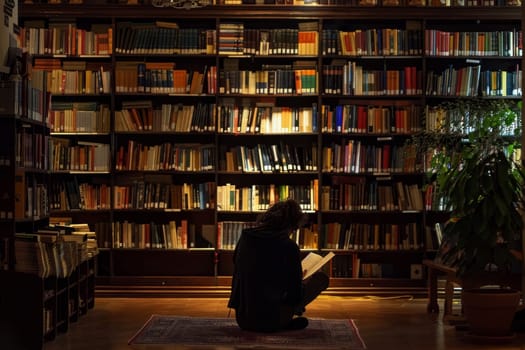 In a tranquil library, an individual is deeply absorbed in reading, surrounded by towering bookshelves. This scene exemplifies a peaceful escape through literature