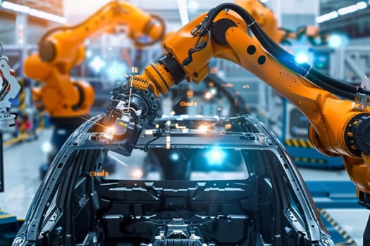 Robotic arms work meticulously inside a modern manufacturing plant. The precision and technology emblematic of contemporary industrial automation are on full display.