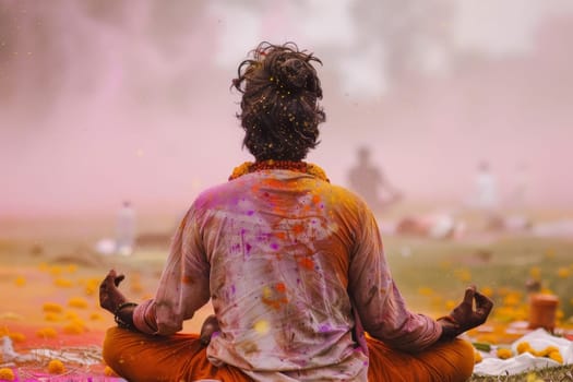 A person sits cross-legged in a meditative pose, covered in the vibrant colors of Holi. The backdrop is awash with hues of pink, capturing the essence of the festival
