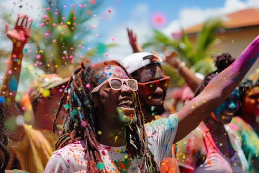 Joyous individuals are covered in multicolored powder during Phagwa celebrations in Trinidad and Tobago. The Caribbean festival is a vibrant display of community and festivity