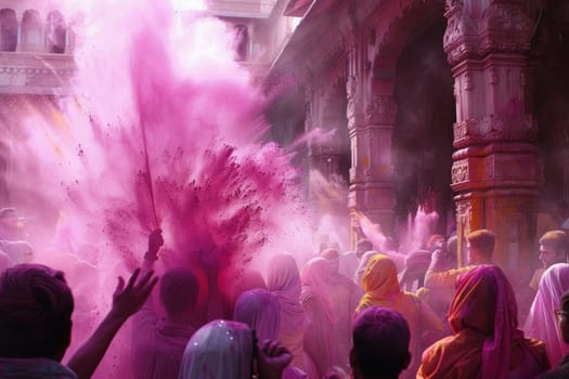 A woman in traditional attire is immersed in a cloud of pink Holi powder. The vibrant celebration surrounds her, echoing joy and tradition