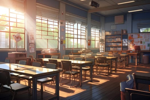 Imaginative School building anime visual novel game. Desk education. Generate Ai