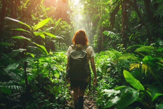 A hiker trekking through a lush, sunlit forest pathway, surrounded by vibrant greenery
