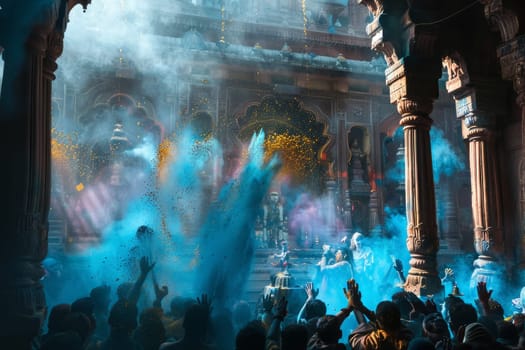 Devotees celebrate Holi with a blast of blue powder in front of an ornate temple, a scene steeped in devotion and vibrant festivity. The dynamic hues of blue create a mesmerizing cloud, highlighting the spiritual joy of the occasion